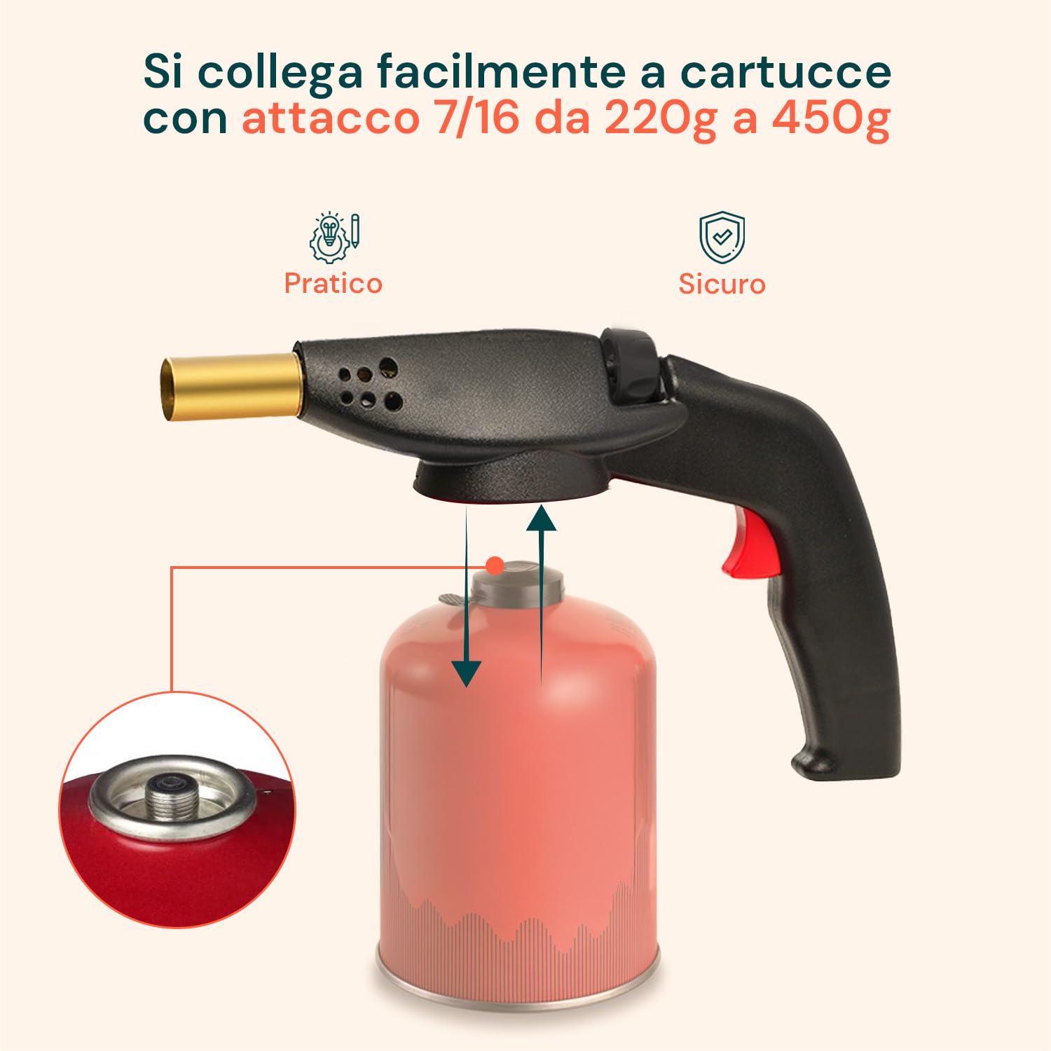 Avilia - Cannello a Gas Professionale e Domestico con Bruciatore da 20 mm, Accensione Piezo, Compatibile Cartucce 7/16, per Saldatura, Brasatura e Riscaldo in Ogni Posizione