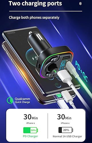 Miniatura 2 de GXY KIT Adaptador de transmisor FM Bluetooth 5.3 para automóvil, adaptador Bluetooth para automóvil con cargador rápido PD 30W y QC3.0 18W, audio de