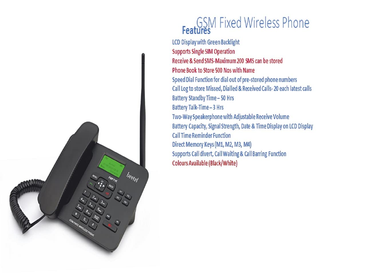 Beetel F1K GSM Fixed Cordless Phone, Support Quad band 2G,LCD Display,Speed Dial,Two way Speaker phone & Adjustable Volume,Supports Hotline Function,Alarm,4 Direct Memory Keys,Basic Calculator (Black) — Amazon image 5