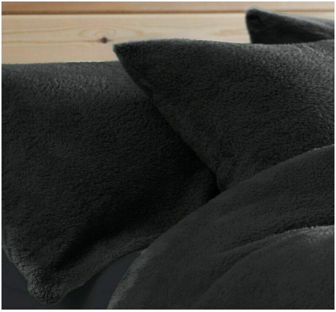 Bluemoon Bedding Black Teddy Bear Pair Pillowcases Warm Cosy Soft Plush Fleece Pillow Cases Plain Thermal Warm Soft Cases Pair (Black)