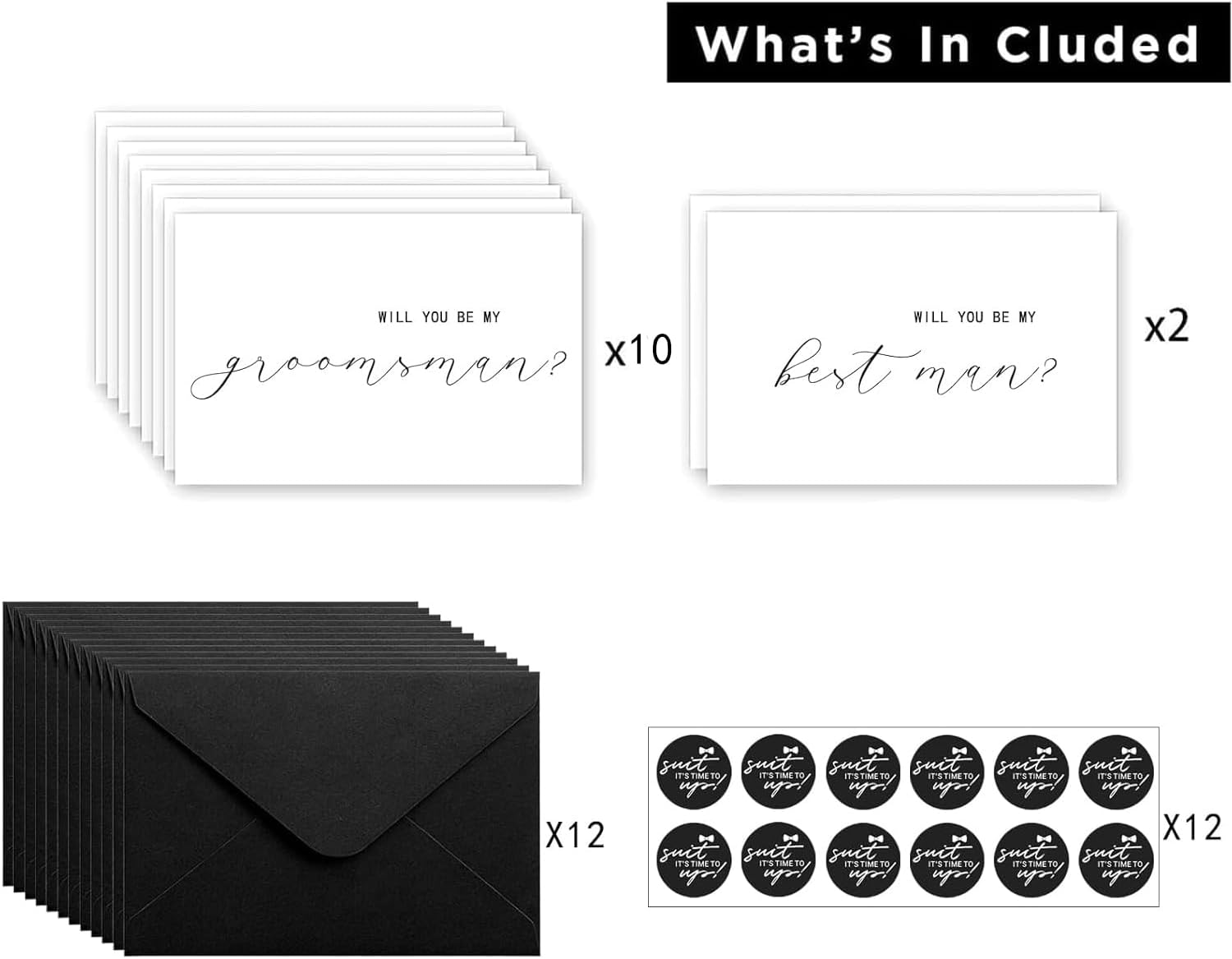 12 Pack Groomsmen Proposal Cards Set (10 Groomsman & 2 Best Man) with Luxury Black Envelopes & Seals | 4x6 Style Minimalist Wedding Party Invitation Kit | Heavy Cardstock with Blank Inside