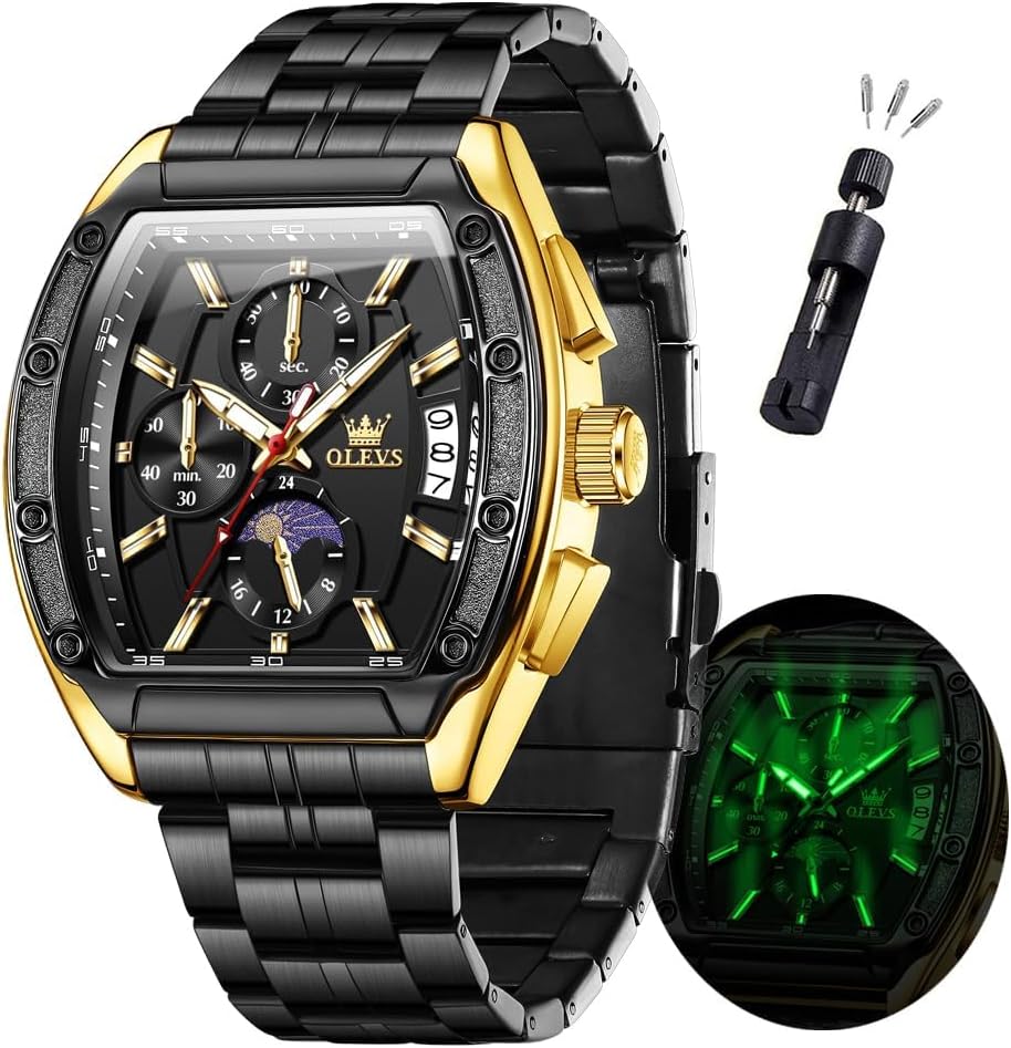 OLEVS Watches Men Chronograph Waterproof Rectangle Face Moon Phase Stainless Steel Strap Dress Watches for Men Luminous Quartz Calendar Mens Wrist Watch