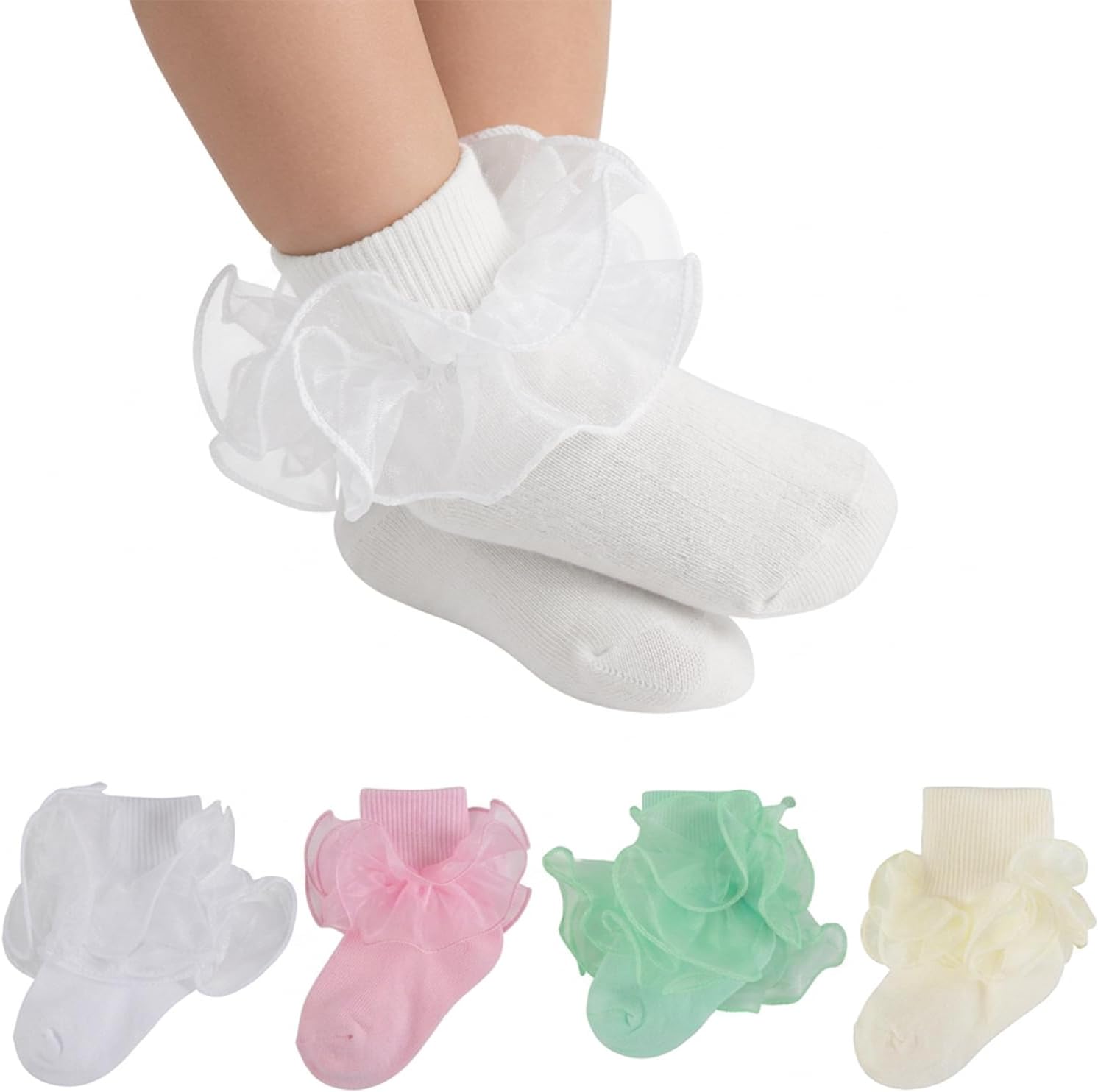 Baby Girls Ruffle Socks 2-Layer Lace Frilly Turn Cuff Fancy Dress Socks for Preemie Newborn Infant Toddler Girl Kids