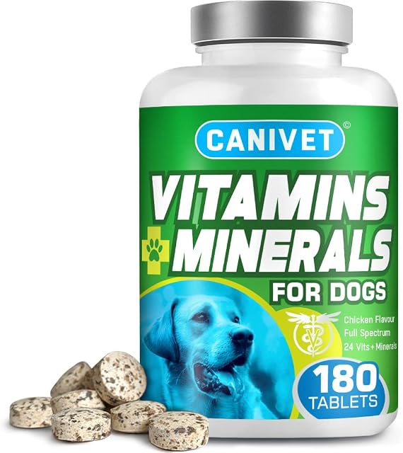 CANIVET Multivitamins for Dogs - 24 Essential Daily Dog Vitamins & Minerals supplement for Dogs. Our Dog Multivitamin Tablets are Up to 1 Year Supply! 180 Tasty Chewable Chicken Flavour Tablets.