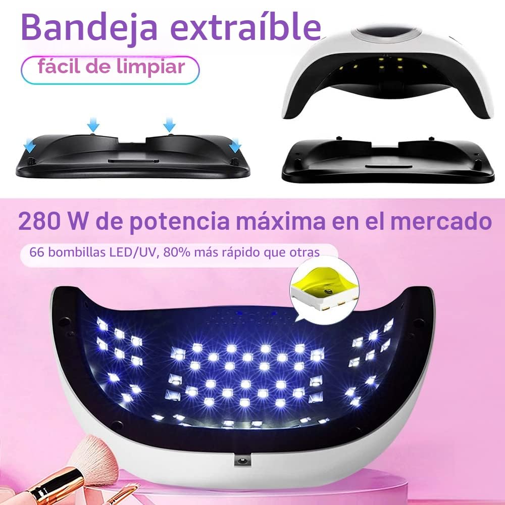 BEENLE Lámpara de uñas LED UV de 280W de secado rápido de uñas con sensor automático de 66 LED, secador de uñas portátil con 4 ajustes de temporizador, espacio más grande