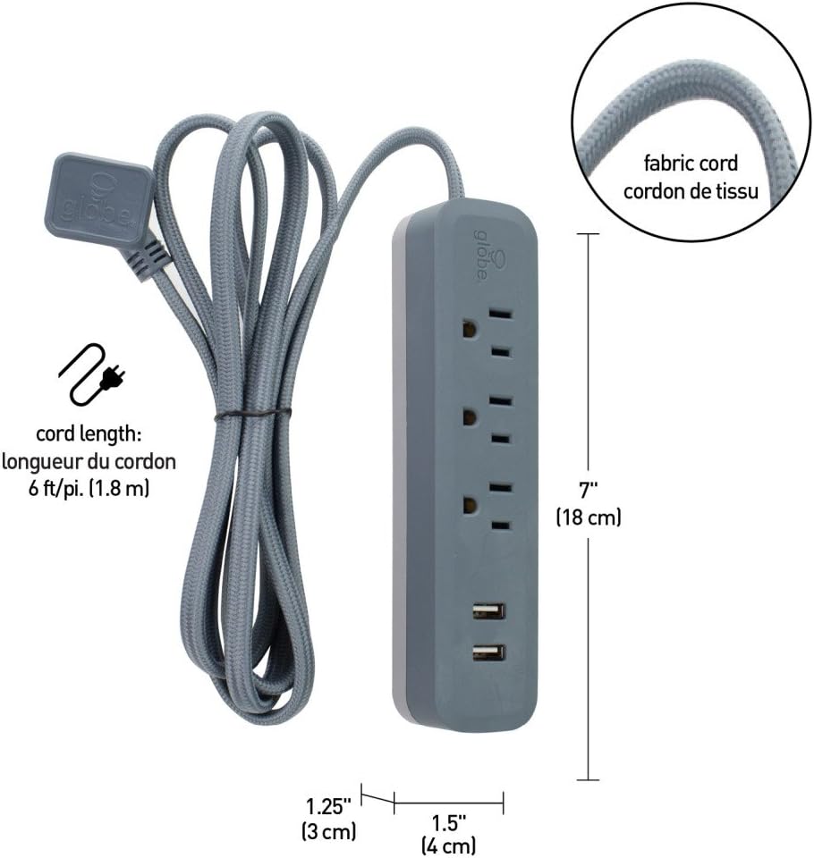 Designer Series 6-ft 3-Outlet USB Surge Protector Power Strip, 2x USB Ports, Right Angle Plug, Adriatic Rubberized Finish,78392