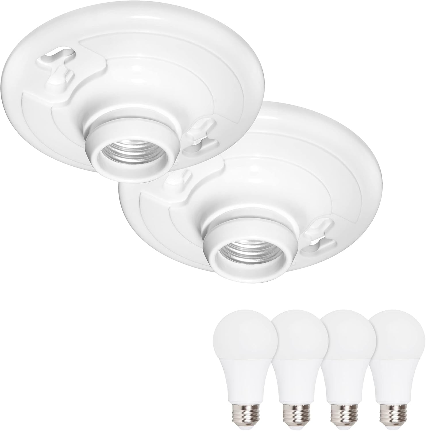 Maxxima Keyless Plastic Lamp Holder One-Piece Medium Base - E26 Socket Outlet Box Mount, 2-Pack 660W, Featuring 4-Pack Dimmable A19 LED Light Bulb 800 Lumens 60 Watt Equivalent Soft White 2700K 9 Watt
