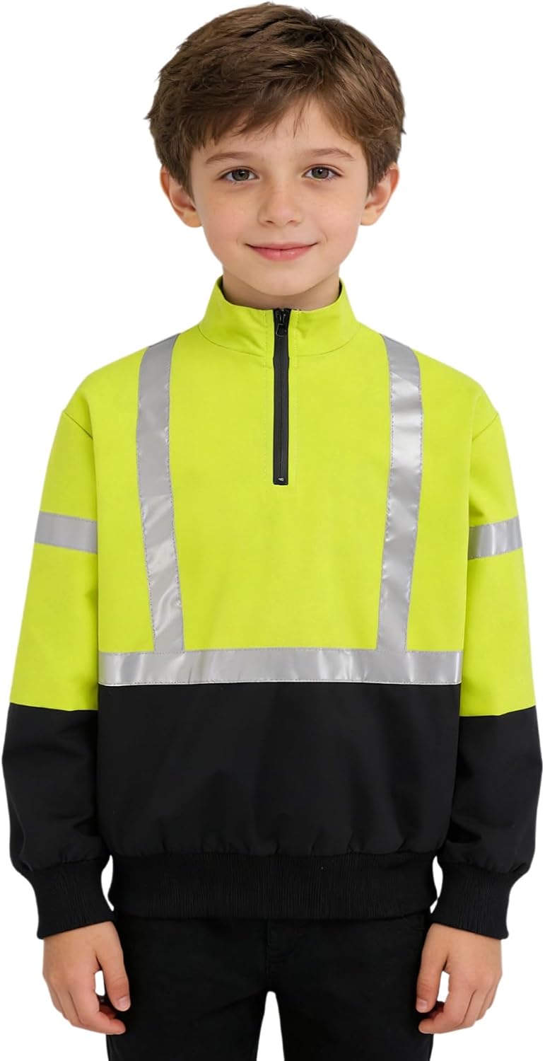 Hansber Kids Safety Jacket Reflective Sweatshirt Hi Vis Pullover High Visibility Workwear for Sports Hiking