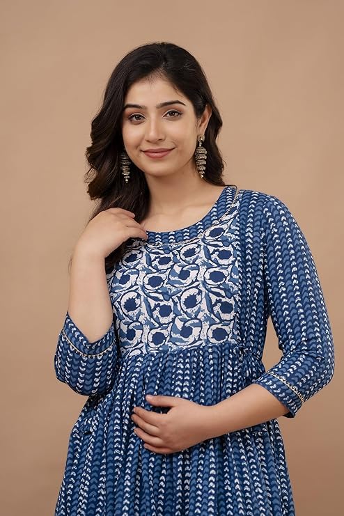 Image of Maternity Feeding Anarkali Kurti Dress for Women | Cotton Nursing Kurta with Both Side Zippers | Pregnancy & Nursing Wear | Comfortable Ethnic