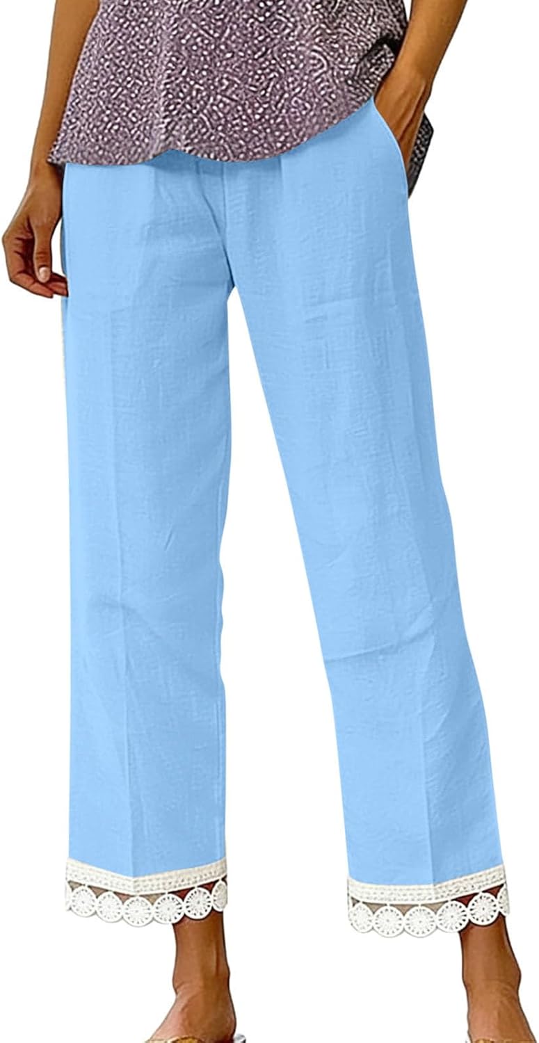 Women Cotton Linen Pants Lightweight Lace Hem Summer Casual Beach Drawstring Pant Elastic Waist Loose Fit Trousers