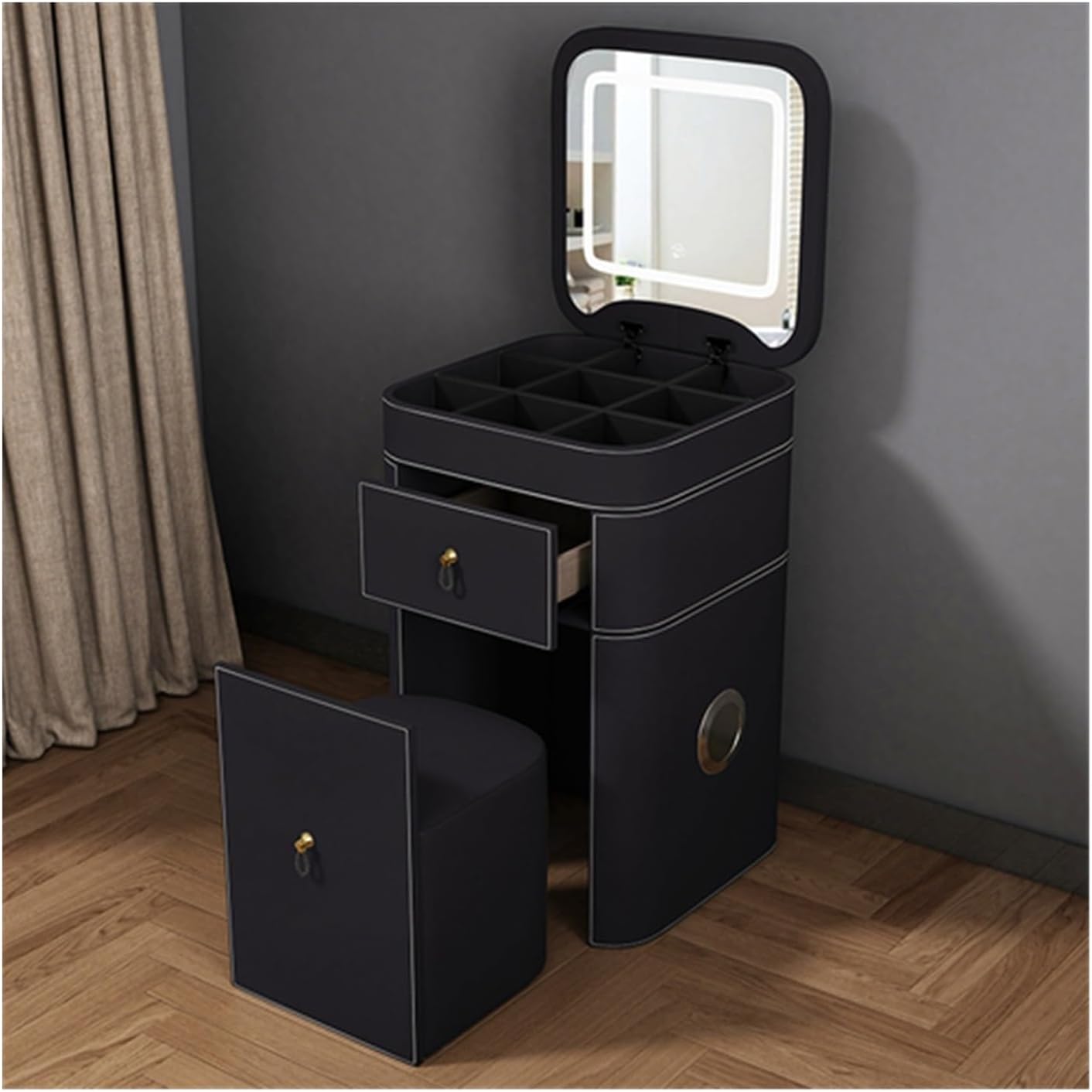 Black makeup makeup set with adjustable illuminated mirror padded stool and stylish faux leather finish - ideal for dressing rooms and beauty spaces.