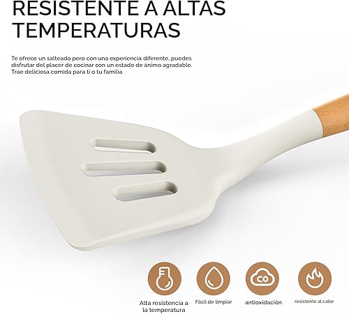 Miniatura 6 de Juego de utensilios de cocina de silicona  Utensilios de cocina de silicona para cocinar asas de madera, 446 F resistentes al calor, juego de
