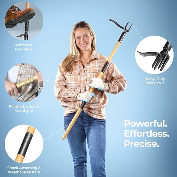 Weed Puller Tool, Stand Up Heavy Duty Weed Remover Tool with Long Handle, Foot Platform Design - 4 Claw Steel Head Weeder Tool, Bamboo Garden Hand Weeding Tool, Smoothly Remove Weeds Without Kneeling