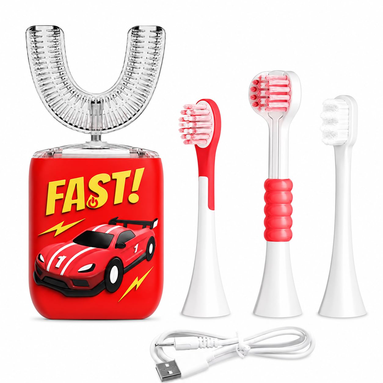 Well Before Kids U Shaped Electric Toothbrush with 5 Brush Heads, Ultrasonic, 5 Modes, IPX7 Waterproof Design (Car, Red, Ages 2-7)