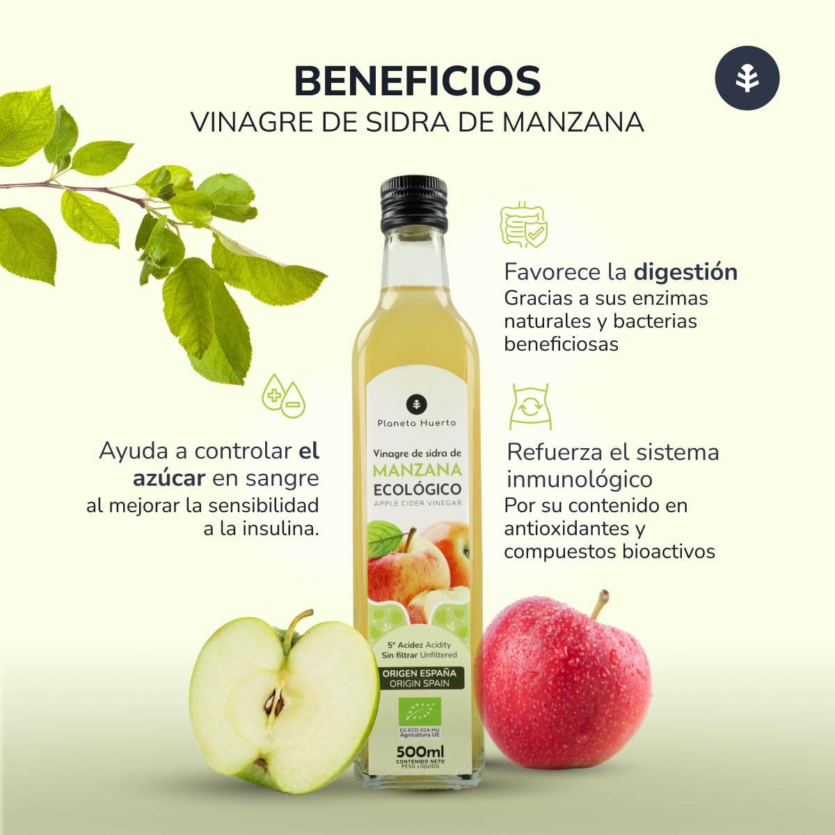 PLANETA HUERTO Pack 6x Vinagre de Sidra de Manzana Sin Filtrar ECO 500 ml
