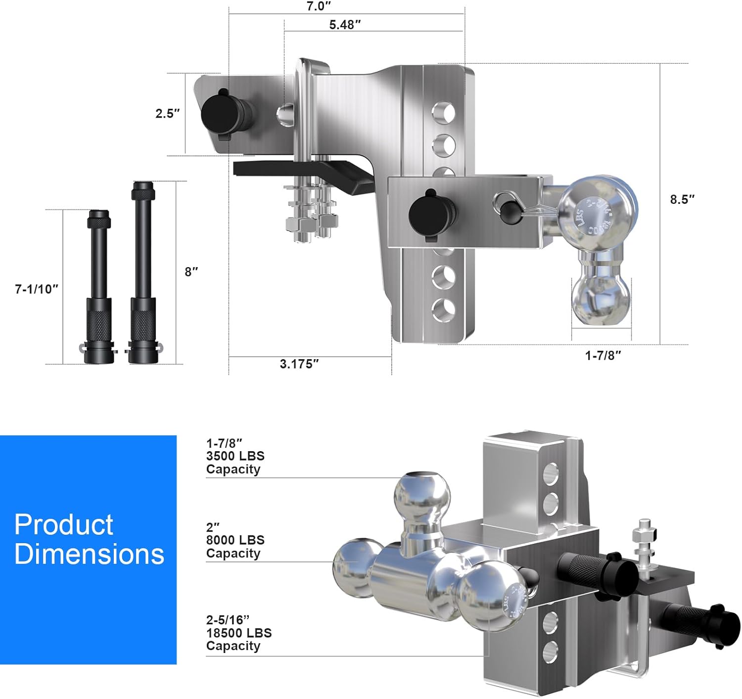 Adjustable Towing Trailer Hitch Tri-Ball Mount 2.5" Receiver, 18500 LBS GTW 6" Drop/Rise-Solid Adj. Trailer Hitch Ball Mount Tow Hitch w/Anti-Theft Locking Hitch Pins