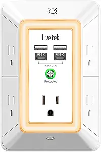 Multi Plug Outlet Surge Protector - Lvetek 3-Sided Power Strip with 5 Outlet Extender and 4 USB Ports(2 USB-C) and Night Light, USB Wall Charger for Home, Office, Travel, ETL Listed, White