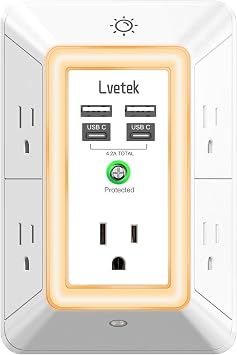 Multi Plug Outlet Surge Protector - Lvetek 3-Sided Power Strip with 5 Outlet Extender and 4 USB Ports2 USB-C and Night Light, USB Wall Charger for Home, Office, Travel, ETL Listed, White