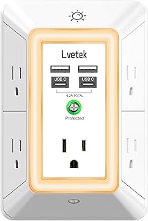 Multi Plug Outlet Surge Protector - Lvetek 3-Sided Power Strip with 5 Outlet Extender and 4 USB Ports(2 USB-C) and Night Light, USB Wall Charger for Home, Office, Travel, ETL Listed, White