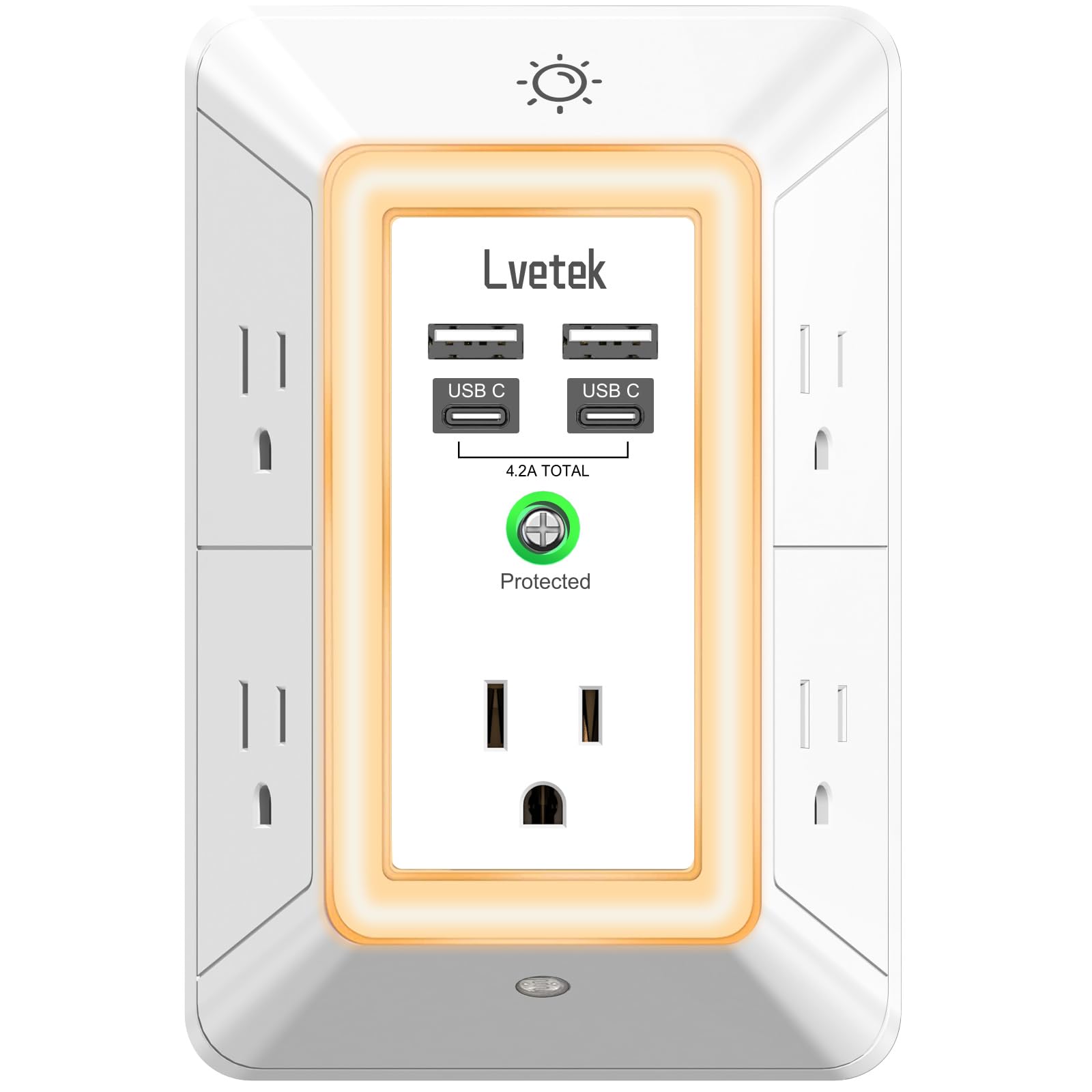Multi Plug Outlet Surge Protector - Lvetek 3-Sided Power Strip with 5 Outlet Extender and 4 USB Ports(2 USB-C) and Night Light, USB Wall Charger for