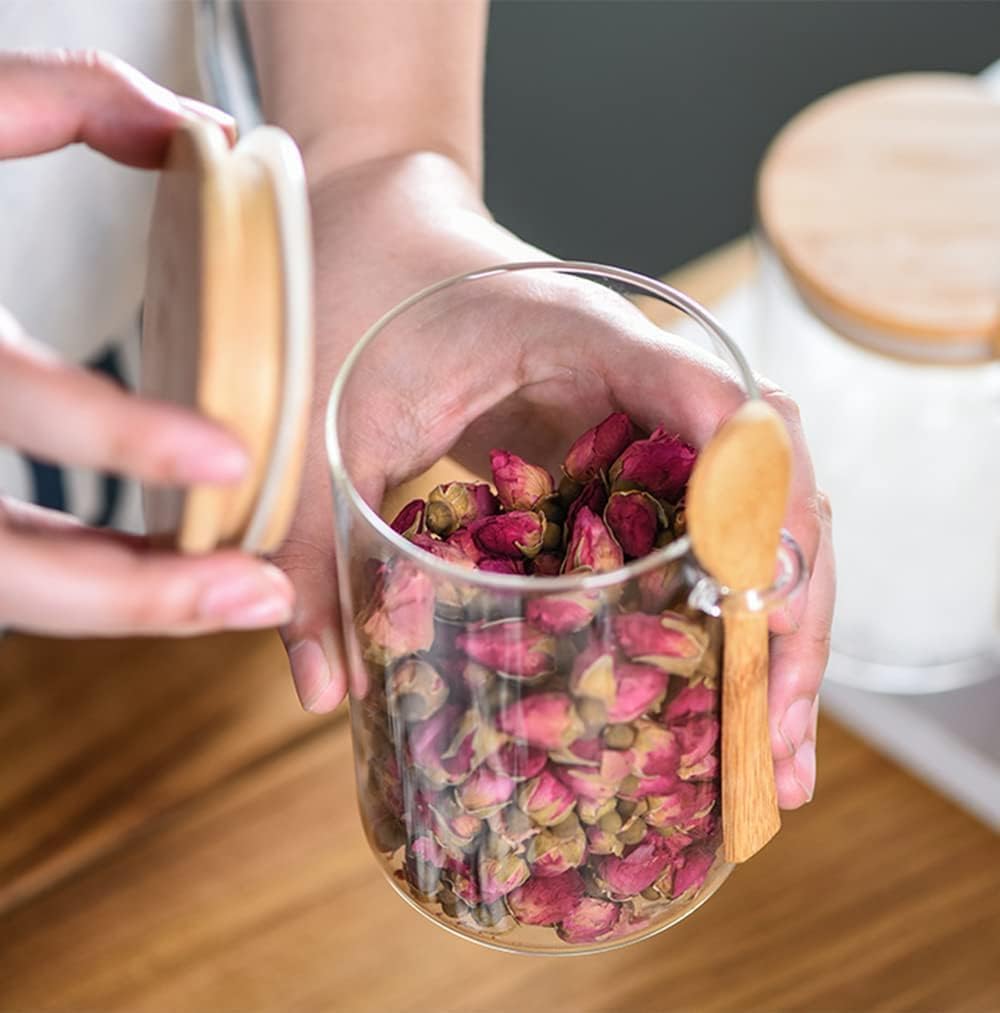 Sucrier, Récipient à joint en verre, sucrier, pot à épices, stockage des aliments avec couvercle en bois, cuillère