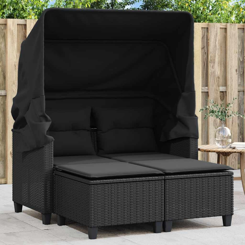 Divano Giardino 2 Posti con Baldacchino e Sgabelli Sdraio Polyrattan Nero per Esterno Set Relax con Cuscini Lavabili 110kg