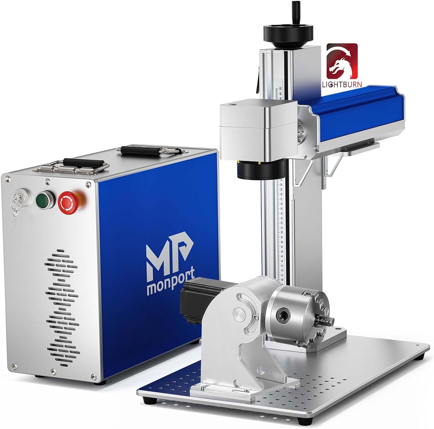 Monport Máquina de Grabado Láser de Fibra 30W con Rotativo, LightBurn Compatible, BSL Punto Rojo Precisión 0,01 mm Área de 150x150 mm Cortadora y Grabadora Láser Raycus para Metal Madera Placa Cuero
