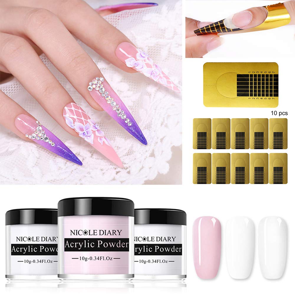 NICOLE DIARY Acrylic Powder Liquid Tip Extension Carved Flower Nail Art Polymer Powder 10g 3 Colors Pink White Clear with 20ml Acrylic Liquid +10Pcs Gold Nail Form for Sock Off UV Gel Quick Extension