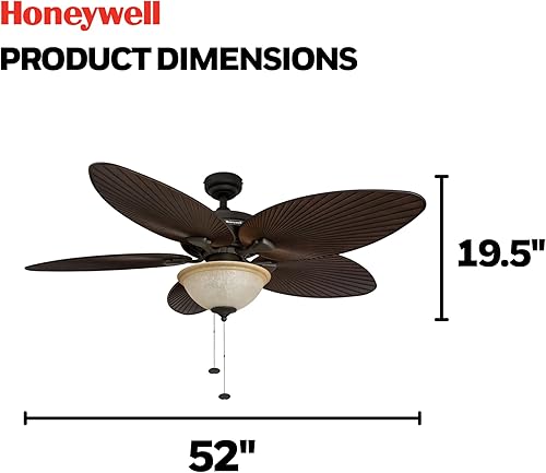Miniatura 5 de Honeywell Palm Island Tropical ventilador de techo de 52 pulgadas con luz en funda de vidrio 5 aspas con diseño de hojas de palmera para interiores