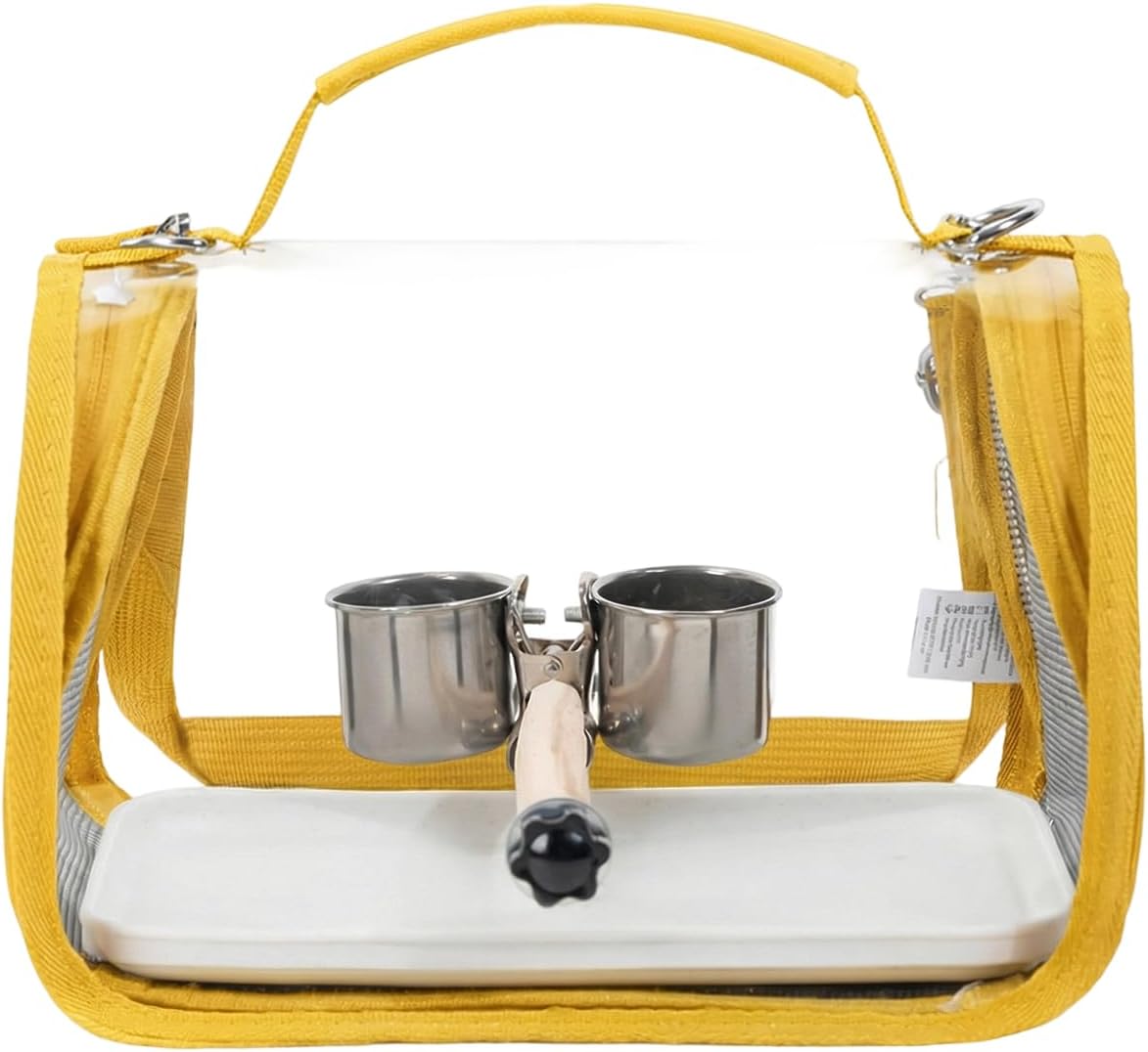 Portable Bird Carrier Cage with Metal Tray Feeder Cups and Wooden Standing Perch,Lightweight Transparent Breathable Travel Bag,Yellow,28 * 20 * 22cm