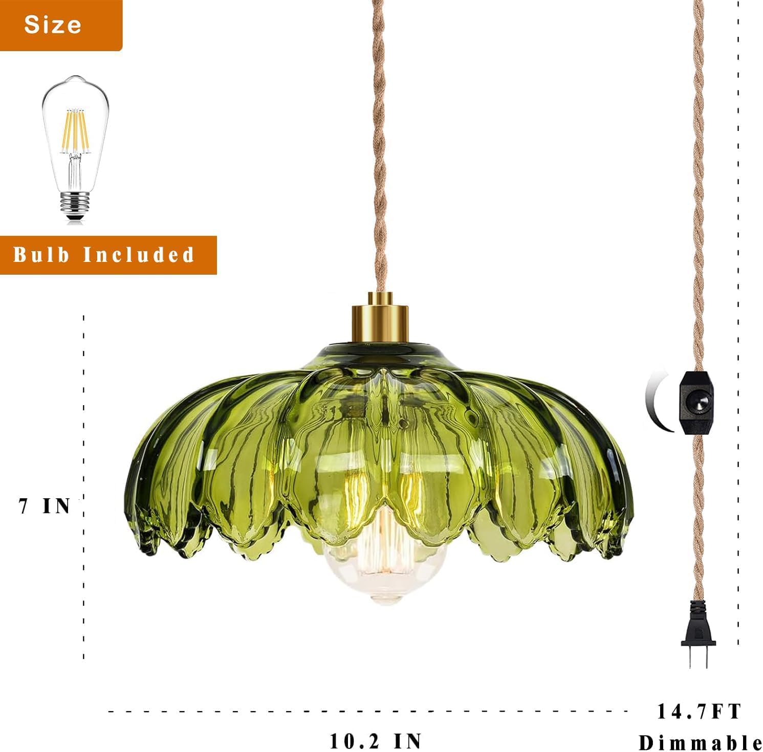 Plug in Pendant Light Hanging Lights with Plug in Cord Boho Hanging Lamp Glass Gold Mid Century Modern Vintage Dimmable Green Flower Plug in Chandelier Ceiling Fixture for Living Room,Kitchen