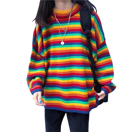 dog dog Women Korean Harajuku Loose Striped Rainbow Japanese Kawaii Ulzzang Sweater