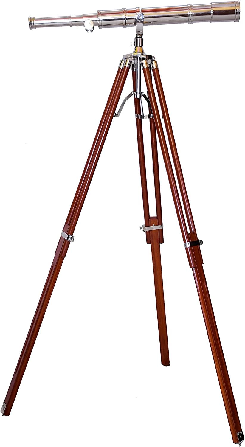 Vintage Brass Telescope Chrome Finish Nautical Floor Standing Adjustable Tripod 27'' Home Office Decor