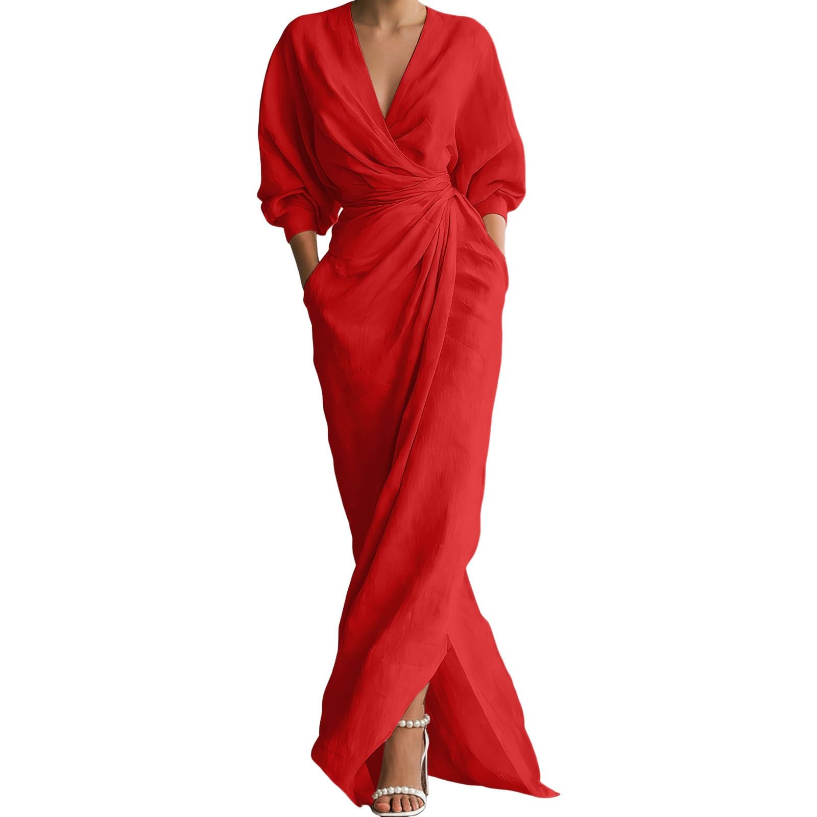 Robe Longue Femme Été Chic et Elegant Col en V Évasées Fendues Robes Fluide Taille Haute Décontractée Boheme Robe de Plage à Manches à Volants Casual Robes D'été Swing Maxi Dress pour Soirée Cocktail