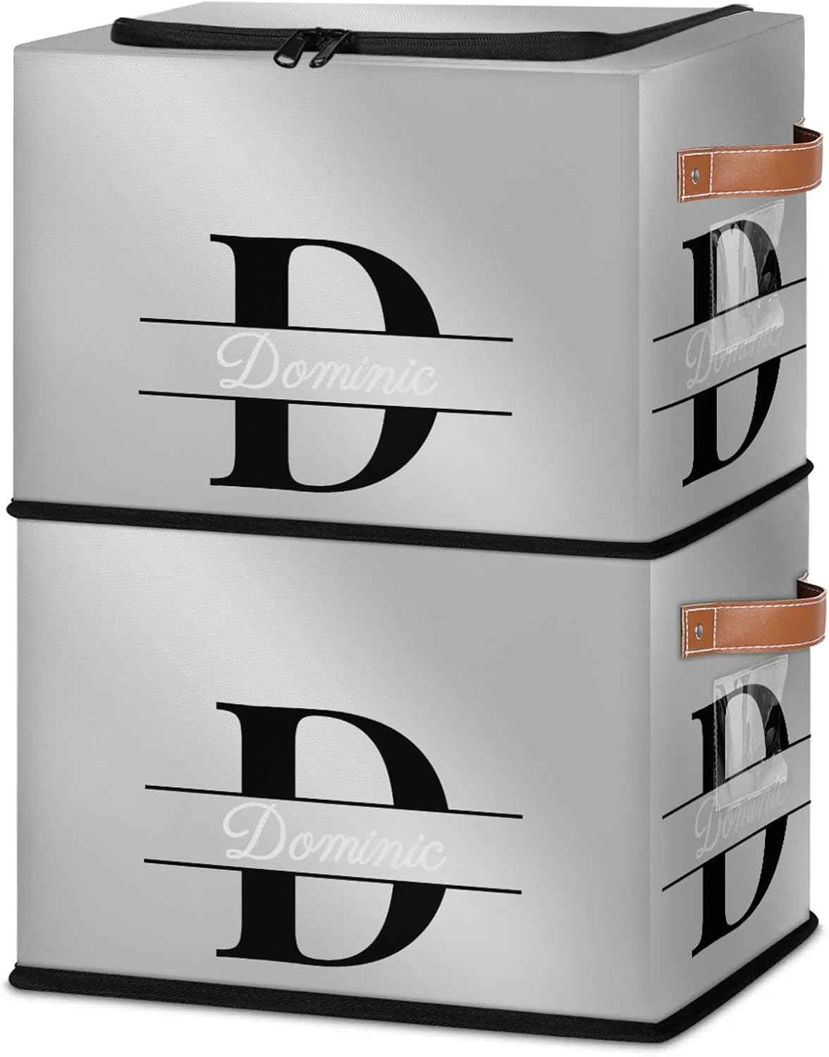Custom Storage Basket with Zipper Lid Personalized Initial Fabric Storage Boxes Foldable Closet Organizers Cubes with Handles for Closet Shelves Organizer Container 2PCS Light Grey