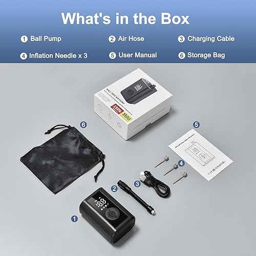 Miniatura 9 de BUNUD Bomba de bola para pelotas deportivas bomba de aire portátil con manómetro y pantalla LCD, inflado rápido de 15 psi para baloncesto, fútbol,