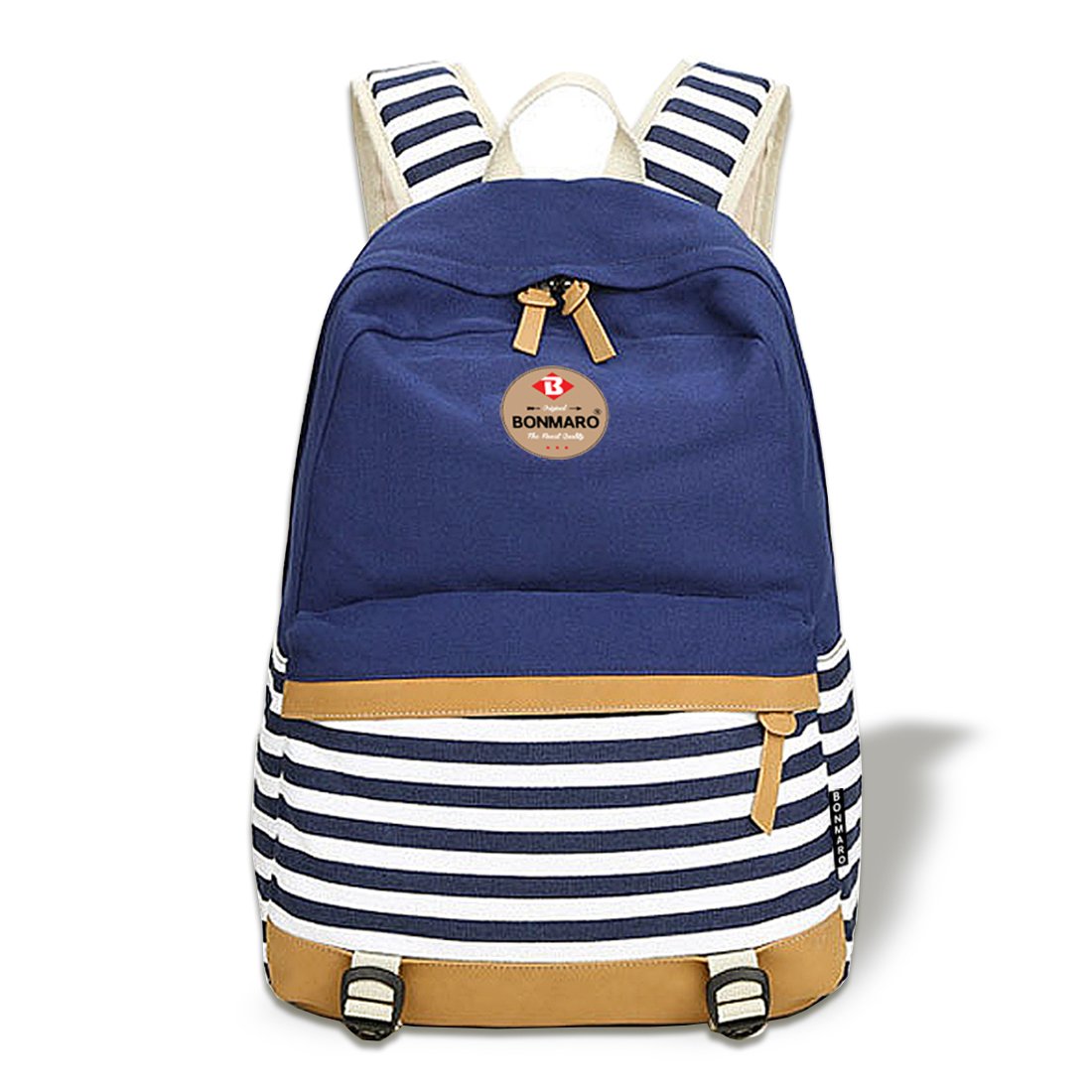 blue and white striped canvas backpack