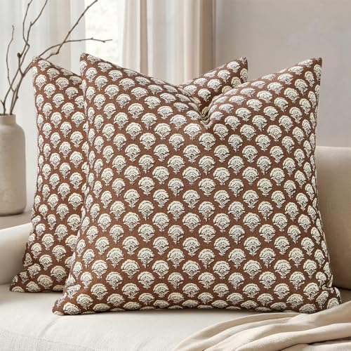 MIULEE Set of 2 Decorative Floral Pillow Covers Neutral Vintage Throw Pillows Block Print Boho Farmhouse Cushion Covers for Modern Spring Home Decor Couch Sofa Bed Living Room, 20x20 Inch, Dark Brown