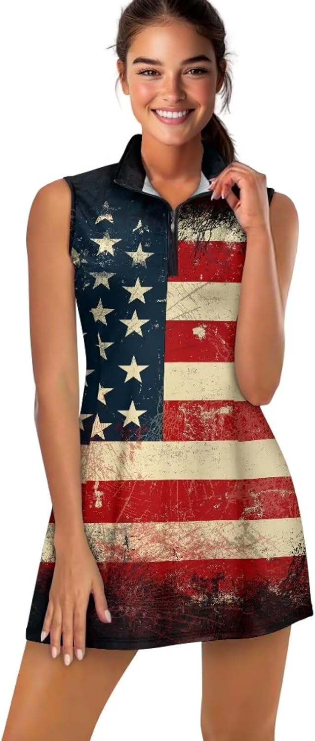 Women's Tennis Golf Dress V-Neck Sportswear Workout Dress Quarter Zip Athletic Dress Golf Outfits with Inner Shorts