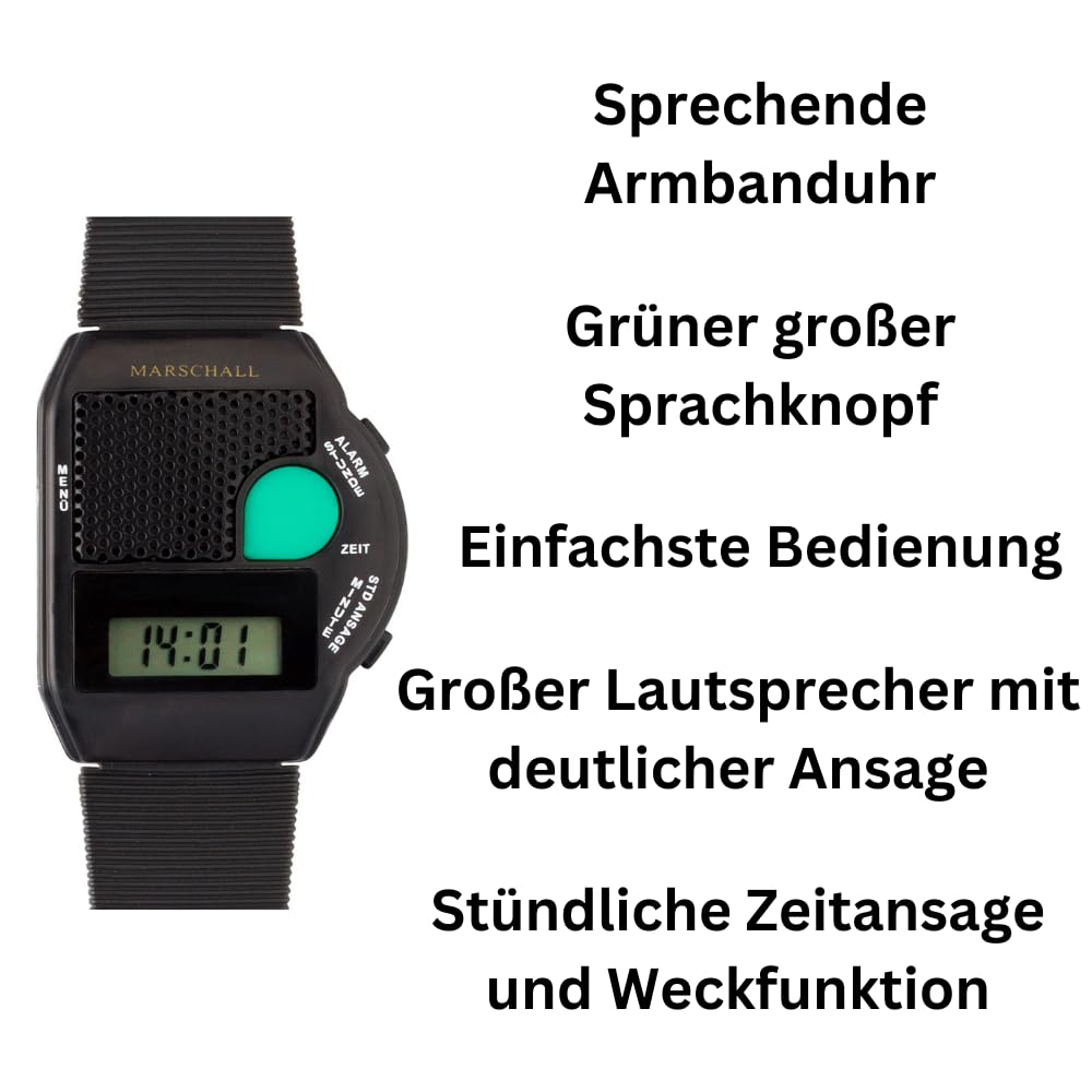 Orologio da Polso Parlante MV con grande parlavo pulsante nero - Blindenuhr - nuovo! Con scritta in lingua tedesca contenitore - confezione pronta da chiuso