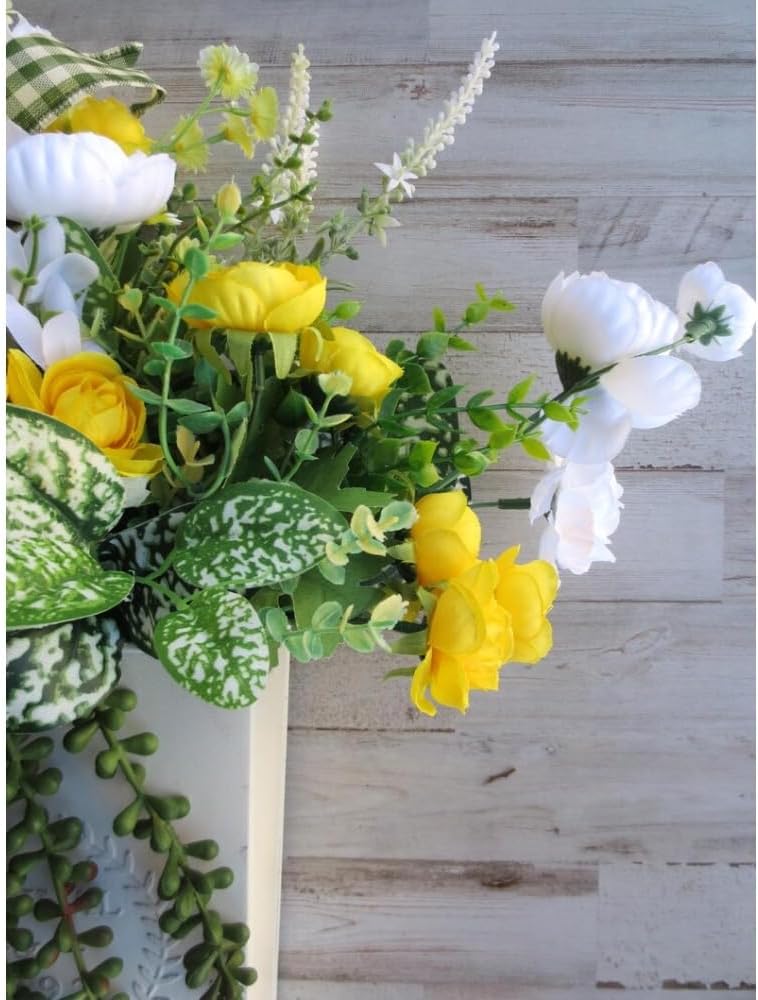 Cream Metal Hanging Floral Container, Farmhouse Hanging Wreath with White Yellow Flowers and Lavender, Spring Door Decor for Front Porch Wall Cottage Home