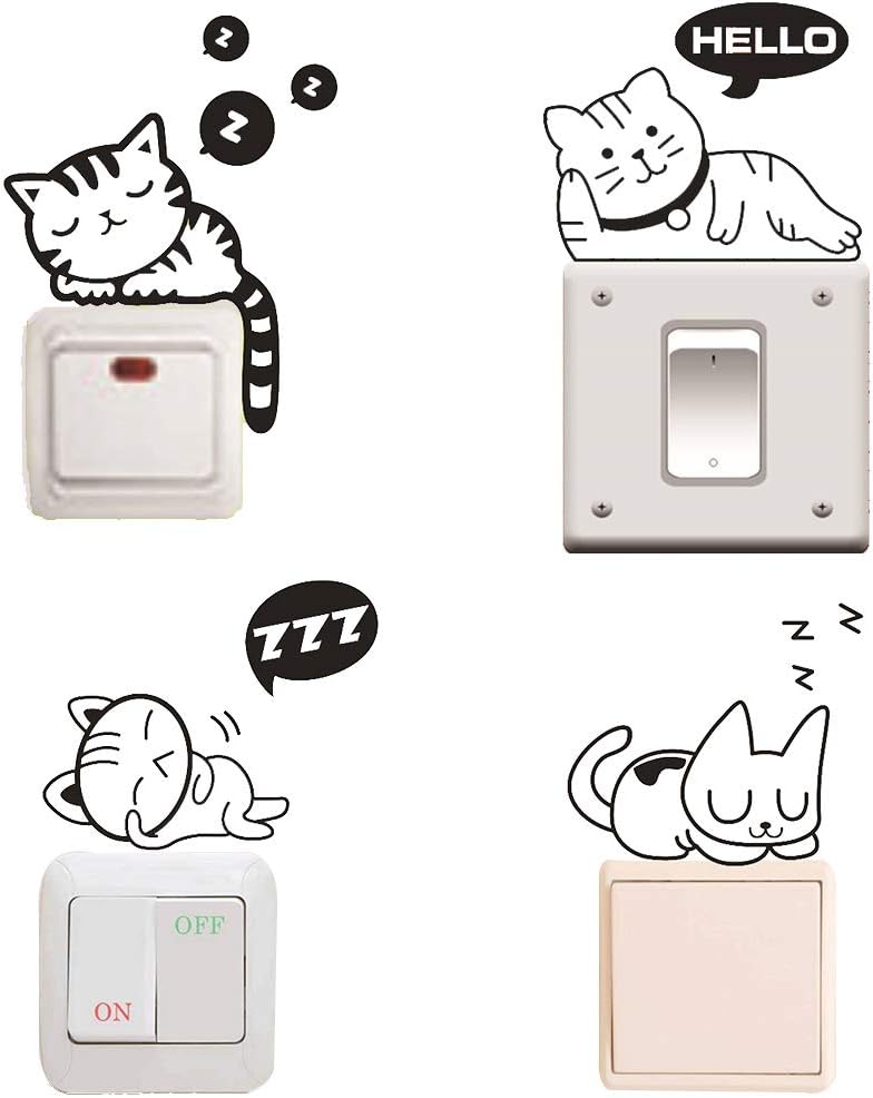 Removable Switch Sticker, 4 Pcs Cute Black Sleeping Cats Cartoon Wall Sticker, Light