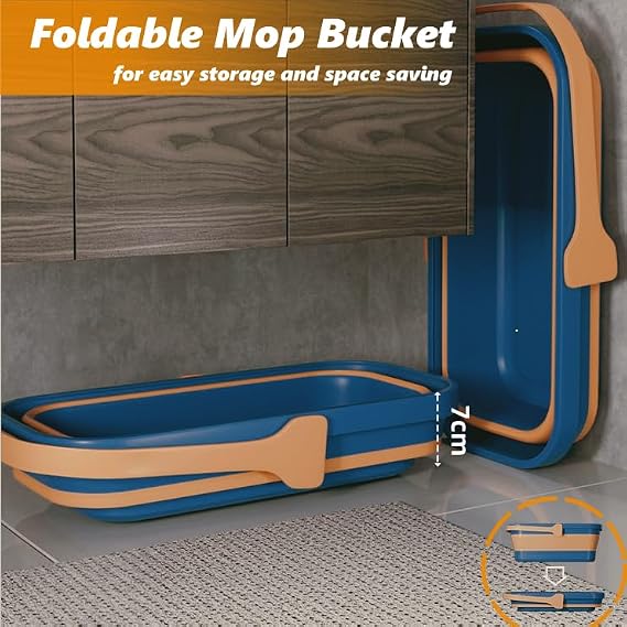 42cm Flat Mop and Bucket Set with Wringer, Foldable Bucket for Easy Storage, Includes 6 Washable Microfiber Pads & Hook, Hands-Free Self-Wringing Mop System for Hardwood Floor, Laminate, Tile