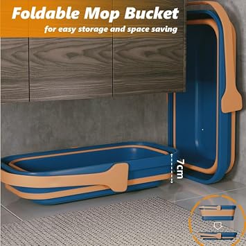 42cm Flat Mop and Bucket Set with Wringer, Foldable Bucket for Easy Storage, Includes 6 Washable Microfiber Pads & Hook, Hands-Free Self-Wringing Mop System for Hardwood Floor, Laminate, Tile