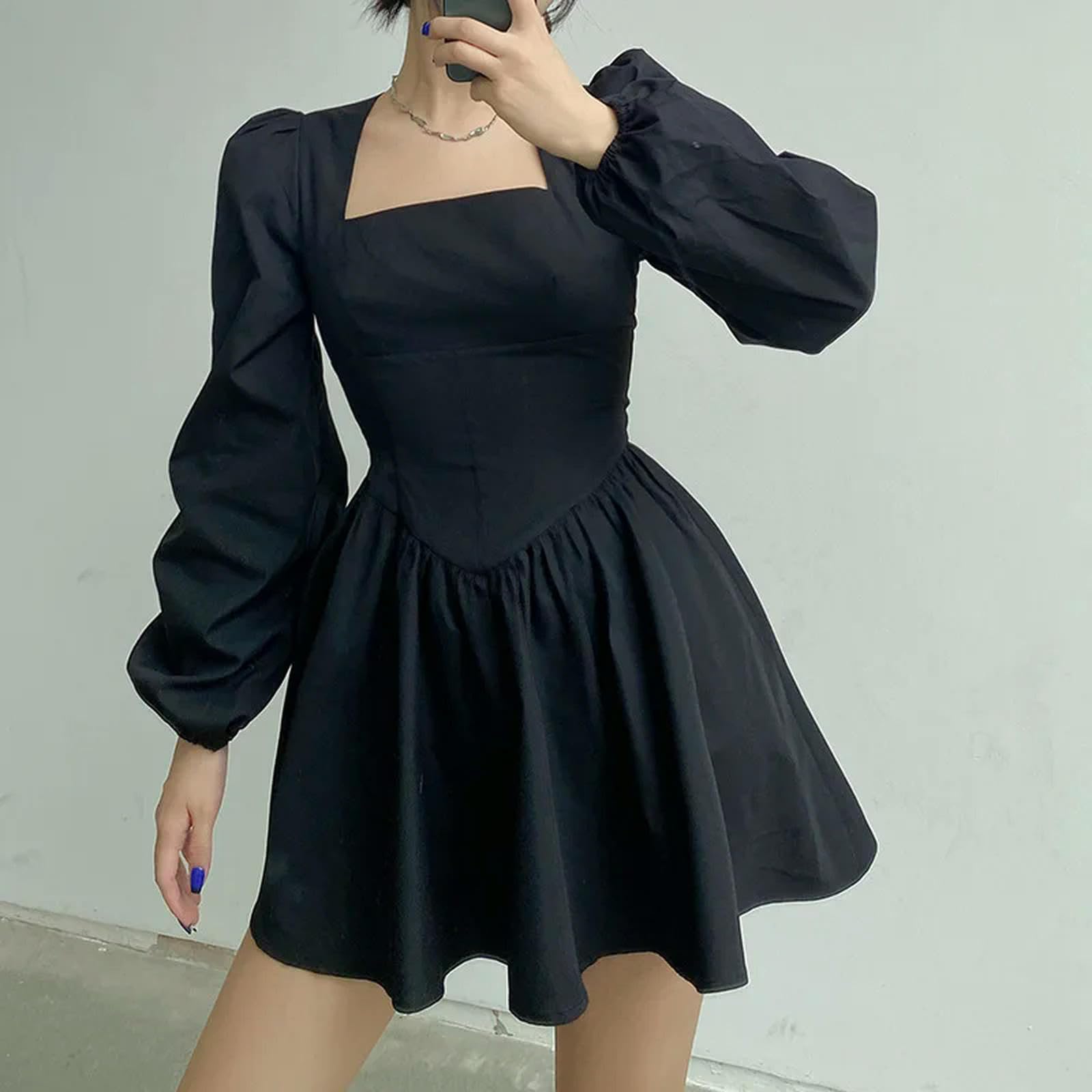Vestido Ajustado de Corte A para Mujer, Vestido Corto con Cuello Cuadrado y Mangas largas abullonadas para Fiesta Informal, Negro, L