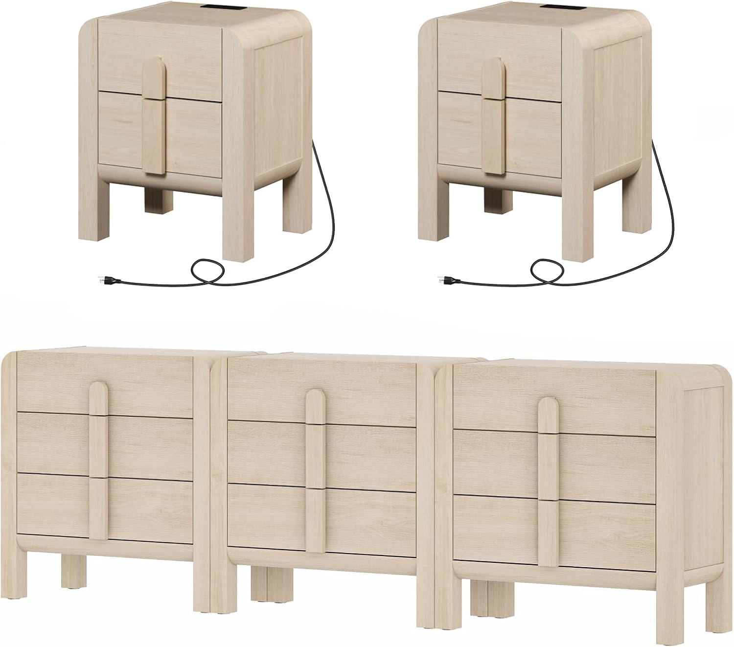 WAMPAT 5 Piece Dresser and Nightstand Sets for Bedroom,Modern 3Pcs 31.5 "W 3 Drawer Dresser & Nightstand Set of 2 with Charging Station for Bedroom,Curved Profile Design,Light Oak