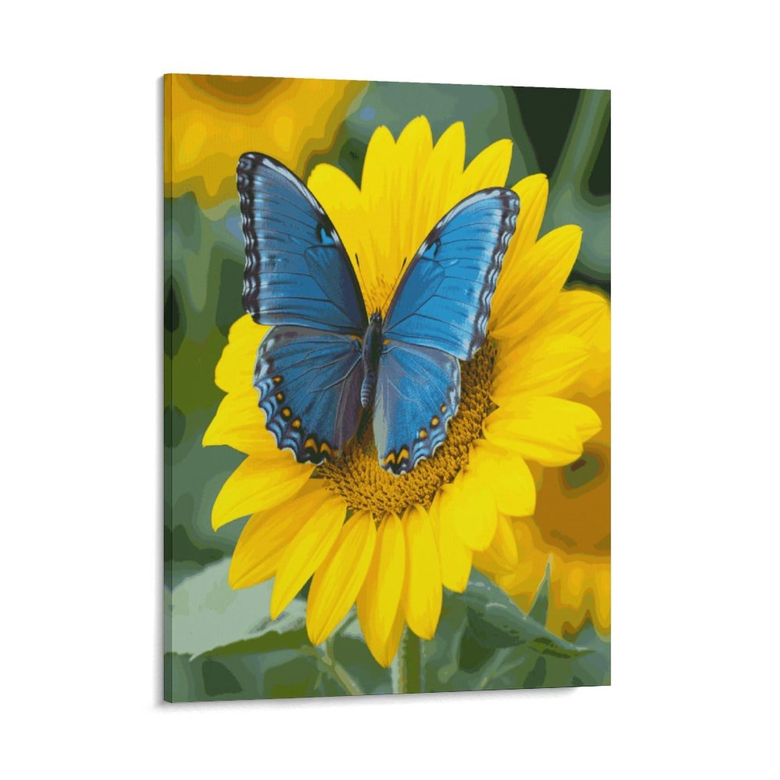 Adfgyerh Style Sunflower Blue Butterfly Wall Art Framed,Canvas Prints Ready To Hang Home Decor,Canvas Wall Art For Living Room Hallway Office Wall Decor 16X20inch(41X51cm)