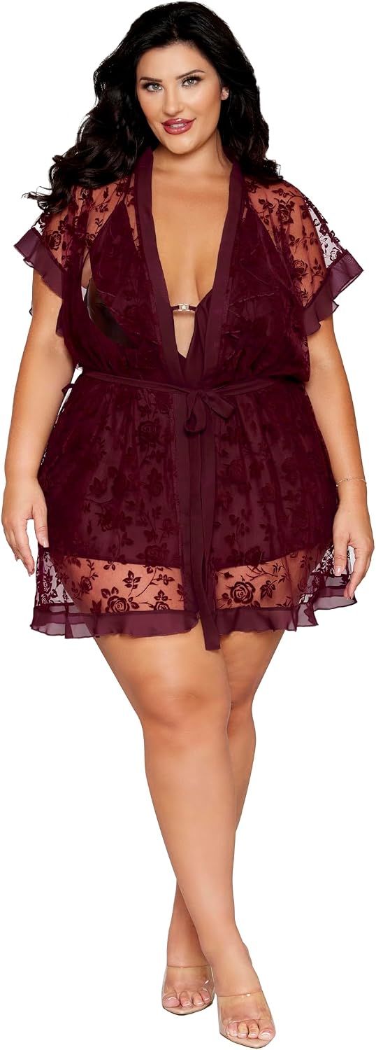Dreamgirl Women's Plus Cherry Lacquer Robe & Chemise