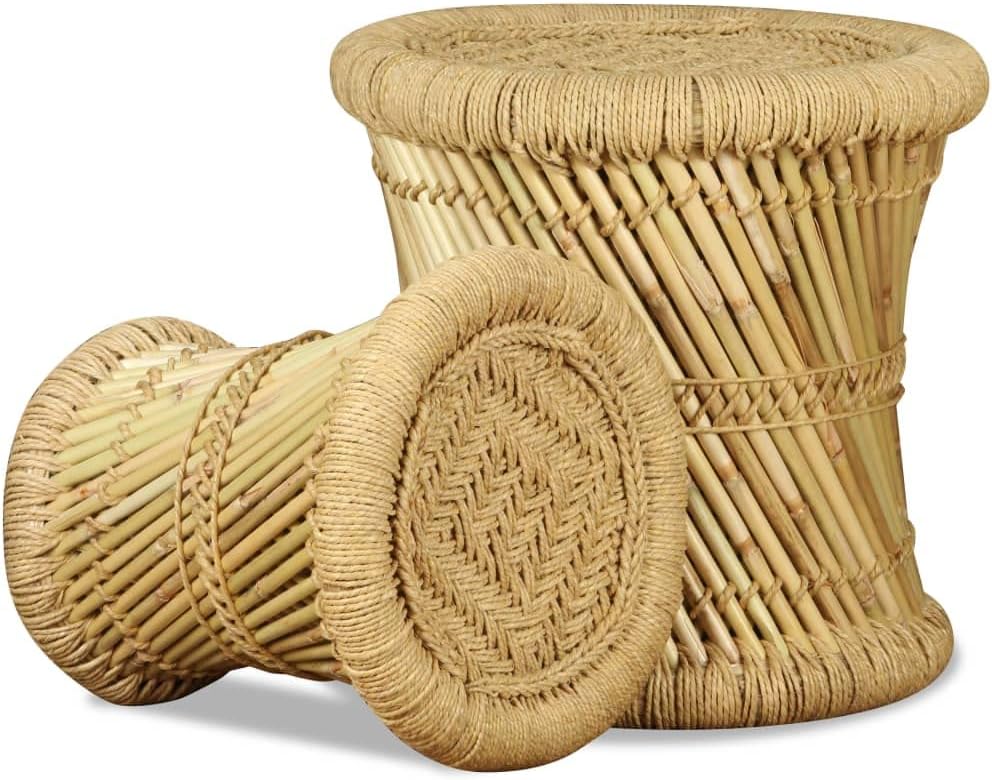 vidaXL Rustic Bamboo and Jute Stools Set of 2 | Stackable Indoor Outdoor Seating Eco Friendly Handmade Natural Fiber Furniture Perfect for Dining Room Garden Use Stool Design