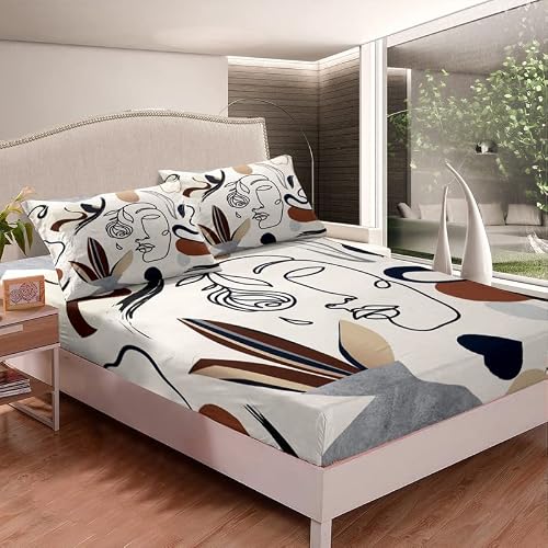 Abstract Woman Fitted Sheet,Modern Boho Mid Century Bed Sheets Queen,Minimalist Art Aesthetic Bed Cover Deep Pocket + 2 Pillowcases For Kids Boys Girl Colorful Botanical Leaves Bedding Set #TOP2